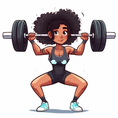 Black Female Olympic weightlifting, Black hair, squatting with barbell over head, detailed face, detailed hands, long beautiful hair, sports clothes, cartoon art, clipart style, solid white background