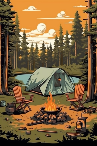 camping scene with campfire, chairs, and tent in the woods during the summer months. vector clip art illustration, detailed, rustic