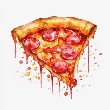 a captivating watercolor, hyper-realistic clipart image with a white background and white margins, portraying a mouthwatering slice of pepperoni pizza with melted cheese and a flavorful tomato sauce. The ultra-detailed, hand-drawn elements capture the stringy cheese and rich colors of the pizza toppings. Use bold shades of red, yellow, and brown to create a visually enticing image that showcases the cheesy and comforting nature of this fast food classic