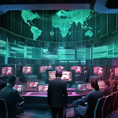 a wide, ultra-realistic scene in a cyberpunk style. The scene unfolds in a massive, high-tech server room, with rows of servers stretching into the distance. Digital overlays of computing data and political charts float above the servers, creating a sense of depth and complexity. In the foreground, holographic images of senators appear, engaged in a heated discussion. News clippings are projected onto the walls, flickering with the latest updates. The style should be photo-realistic, capturing t
