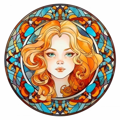Vintage Cute Beautiful Round Stained Glass girl Sublimation Clipart, Cartoon, hyper realistic, intricate detail, illustration style, high solution, on the white background