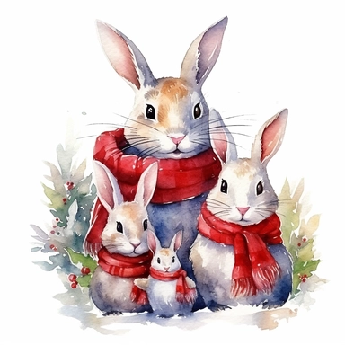 charming family of 4 bunnies, Christmas morning, festive decor and mood, ornamental watercolor, clipart