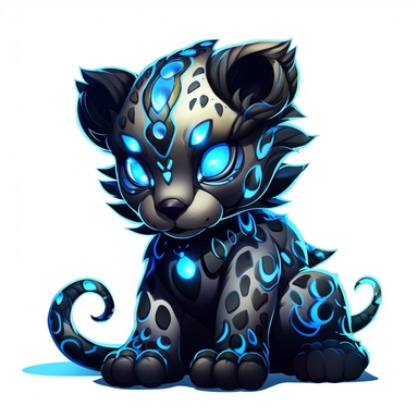 a cute and whimsical glowing tribal leopard with blue lights on his eyes, tribal animals, in the style of manhwa character design, master of shadows, burned/charred, himalayan art, dark black and light azure, 2d game art, quadratura, clipart, on white blackground