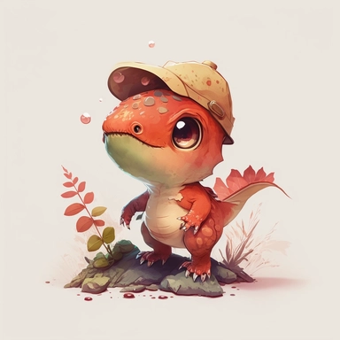 The cutest and tiniest baby dinosaur ever, red, wearing a hat, exploring, Watercolor Clipart, strybk, full Illustration, 4k, sharp focus, watercolor, smooth soft skin, symmetrical, soft lighting, detailed face, concept art, muted colors, watercolor style, strybk, children's style fairy tales, chibi kawaii, . Octane rendering, 3d. Perfect face, detailed face, delicate face, perfect sharp lips, detailed eyes. Craig Davison, Aubrey Beardsley, Conrad Roset, Aikut Aidogdu, Agnes Cecil, watercolor sty