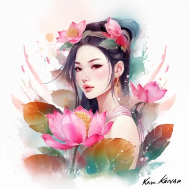 watercolor Disney Mulan with a lotus flower, clipart, white background, by Kawacy