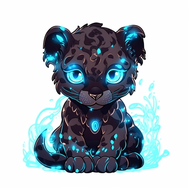 a cute and whimsical glowing tribal leopard with blue lights on his eyes, tribal animals, in the style of bold black outlines, manhwa character design, master of shadows, burned/charred, himalayan art, dark black and light azure, clipart, on white blackground