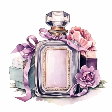 watercolor, hyper realistic, white background, white margins, 16k, ultra detailed clipart, cut out image, hand-drawn, vintage perfume bottle, a mirror, a brush, beauty cosmetics. Use soft and muted colors such as dusty rose, antique gold, lavender, and sage green for a vintage-inspired palette