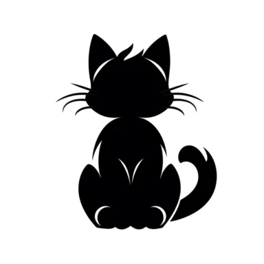 Black and white silhouette of a cartoon cat sat down, view from behind, clipart style, white background, thick lines, vector, simple design, flat colour, solid colour