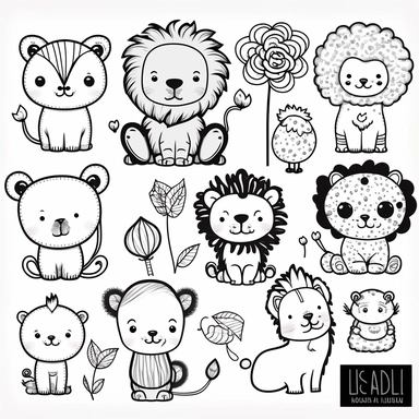 cute lion 2D clip art doodles, line art, black and white