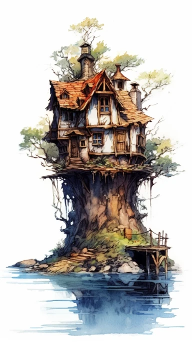 isolated images, illustrations on a white background, realistic medieval rustic druid house on a tiny island, Clipart, watercolor, realistic, isolated, full body, long brown blue dress,, highly detailed, hdr, 32K, photo expert quality, watercolor realistic, hyperrealistic and highly detailed, isolated on a white background
