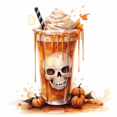 latte macchiato halloween themed, highly detailed color ink illustration, autumn season details, white background clipart 8k