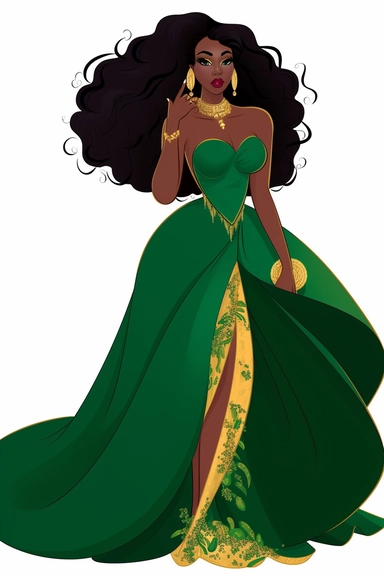 Cartoon Black Skin African American Clipart Plus size Beautiful Rich Woman Wearing green ball gown wearing gold jewelry having beautiful face long eyelashes and beautiful lips beautiful long hair confident confident wearing high heels no text