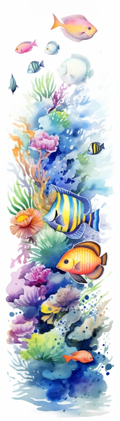 Clipart Tropical fish swimming among coral reefs, Watercolor, white background, vertical format