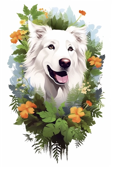 white background, dog, 3d, super closeup, sticker, photorealistic, artwork of t shirt graphic of majestic forest, in digital painting style , beautiful flowers, sunset mountains and clouds , big vines, plants sorround, highly detailed clean, vector image, photorealistic masterpiece, professional photography, realistic, flat white background, isometric, vibrant vector, clipart, illustration, realism, 4k, , cinematic, front view, paradise, extremely white background