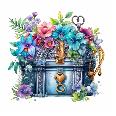 clipart, isolated on white background, Watercolor spring metal treasure chest with key with jewelry, detailed, beach, flowers and plants, ornated, vivid and vibrant and saturated colors