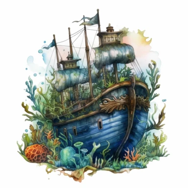 Horror style overrealistic mystical submerged pirate ship covered mosses and seashells bottom of the sea with watercolor effect, dark blue water, dark green mosses, deep water, sea plants, coral and mussel, , random fishes, undersea details, suitable for digital clipart, white background