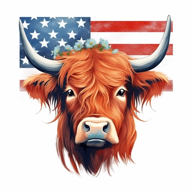 Highland cow face with 4th of july American flag Sublimation Clipart, Cartoon, high detail, illustration style,on white background
