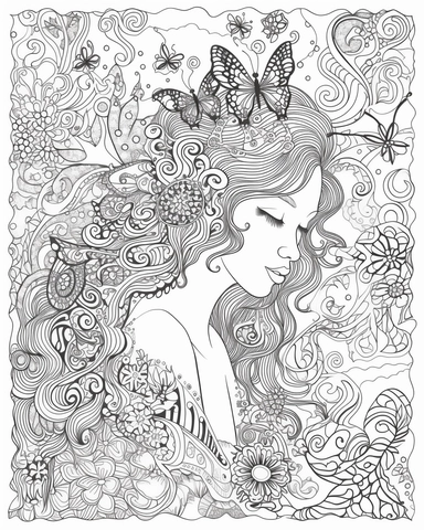 The coloring page features a girl surrounded by an array of psychedelic swirls and patterns, created using simple line art techniques. The girl is surrounded by a swarm of butterflies, adding an ethereal and dreamlike quality to the image. The design is filled with a variety of watercolor-related terminology, such as wash, blend, and color bleed, which give the image a sense of fluidity and movement. The colors used are bright and bold, with a range of pinks, purples, oranges, and yellows, that 