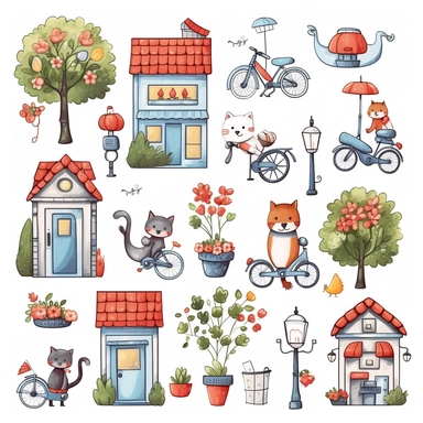 cute small houses, garden flowers and trees,cat, dog,bench, flower pots, fench,bycycle, house keys,postbox,birds,cute bettle car,outdoor lamps cliparts in hand drawn vector illustration on white background.