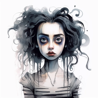 Beautiful pretty young woman tim Burton characters films style, paint art style, detail, clipart, white background, superrealistic, one of a kind