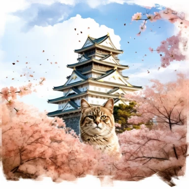 cherry blossoms laden on Osaka Castle Bottom, Siamese Cat wearing a Japanese kimono, sunset. Clipart Watercolor By Yuzo Komori. clean line, white background & space around. Bottom view