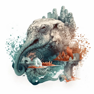 concrete illustration of a double exposure hybrid lion octopus & coral reef drawn with stones, clipart