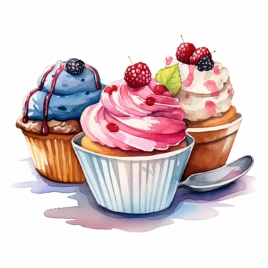cup cakes with ice cream hd, on white background clipart water colour--ar 3:2