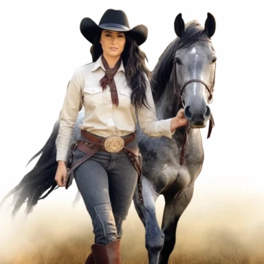 Horse and cowgirl, watercolor, clip art, full body, horse whose coat features shades of white, gray and black, rustic cowgirl with black hair and wearing a black hat and scarf, she is holding a lasso