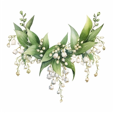 Adorable watercolor retro garland of small and delicate white lily of the valley for wedding invitation, watercolor clipart, high quality clipart, no background, high details