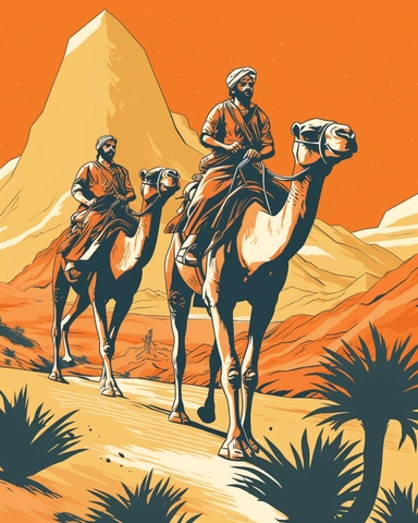 illustration of arabs riding on camels in the desert of Dubai, style of 1950s comic book art, style of mike zeck, retro, 3-color lithograph, block print, linotype, flexographic clip art, posterized colors, isotype icon design, hand drawn illustration, primitive art, minimalist design, PNG cutout on white background