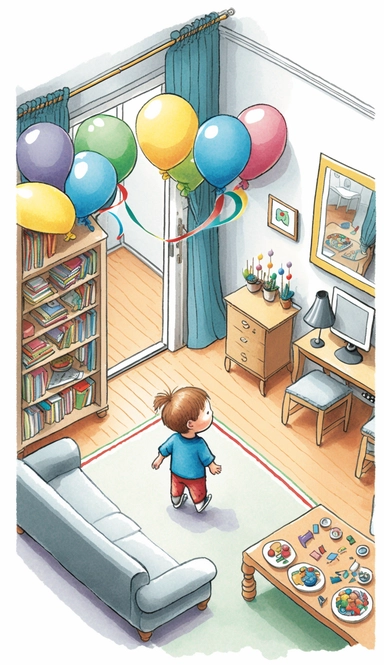 Child in The entire hall,Birthday,Five years old,Celebrating at home,Sofa, coffee table, balloons, decorations, toy chest, family members, curtains,carpet.Whole house,high angle view,overall view,illustration for book, children's book, multiple positions,manga style,Watercolor Clipart, strybk,full Illustration, 4k, sharp focus, watercolor, smooth soft skin, symmetrical, soft lighting, detailed face, concept art, watercolor style, strybk, children's style fairy tales, chibi kawaii, . Octane rende