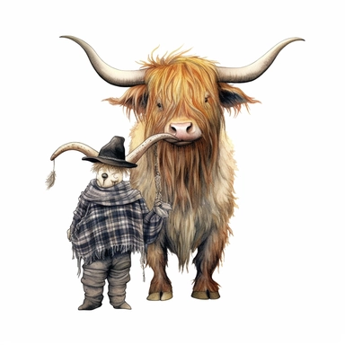 Watercolor realistic highland cow with scarecrow , style by Lucy Fleming, watercolor, smooth gradients, black contour outline, ultra detailed, clipart elements, delicate pastel colors, solid white background, super clear, high quality