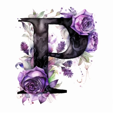 ultra beautiful Victorian vintage black alphabet letter P, decorated with goth black and purple roses, water colour illustration, clipart, white background
