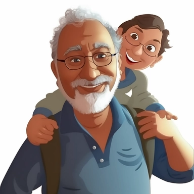 happy, healthy 50 year old grandfather holding a cute 2 year old boy who has curly hair on his shoulders. clipart disney style