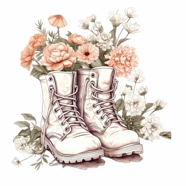 cottagecore clipart. white combat boots decorated with flowers. on a white background. cottagecore, feminine, frilly