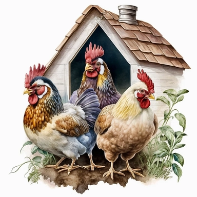 Cute Beautiful Three Chicken Front House watercolor Sublimation Clipart,Cartoon,hyper realistic, intricate detail, illustration style,high solution,on the white background