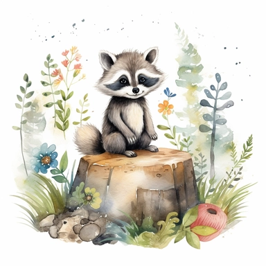 A delightful and whimsical collection of watercolor clipart featuring a cartoon-style baby raccoon in a woodland setting, designed especially for a nursery. The hand-painted raccoon is lovingly rendered in playful, soft hues that bring out its characteristic features, bright eyes, and fluffy fur. The artist skillfully integrates elements of a serene woodland setting, including towering trees, blooming wildflowers, and playful forest critters, creating a harmonious and entertaining composition. T