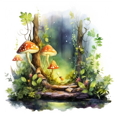 ultra realistic watercolor of enchanted fairy forest clipart, magical, god rays, fireflies, overgrown plants, fairy forest, on white background clipart watercolor, nature, sublimination, 8k, high quality, award winning, detailed