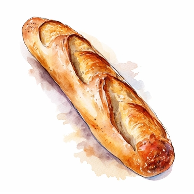 a beautiful baguette, watercolor, white background, clipart style