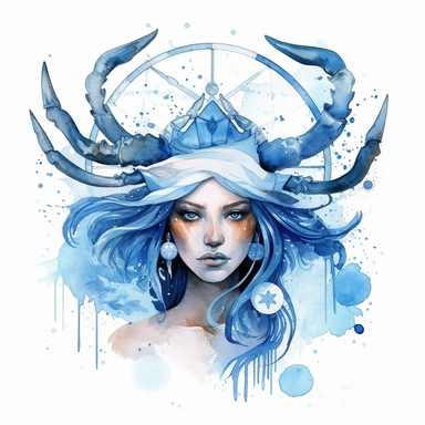 cancer zodiac sign, crab , symbols, element symbols, goddess women watercolor, boho zodiac sign, clipart, dreamy, epic, powerfull, mystic, white background, detailed, 8k