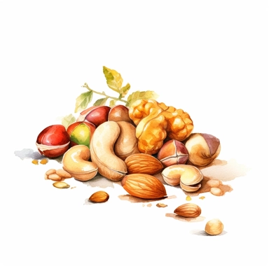 picturesque, simple, bright, the best simple mixed nuts, almond, cashew nut, pistachio, peanut, macadamia nut, in the world, clipart on white background, watercolor, painted by Beatrix Potter, 8k,