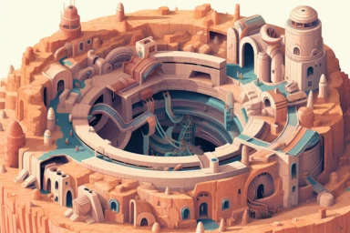 a close up of a infinite loop open pit mine on a white background, james gilleard and james jean, escher, trending on artisation, connectedness, scutoid, mit technology review, by Sam Spratt, dan mcpharlin : : ornate, wormholes, tetris, monolithic, stylized stl, clipart icon, simple 4 colors from gray to metalic blue, vector-based, sharp border, plane color and very define, high quality, digital art, 8k resolution, masterpiece, congruent, amazing, incredible, awe-inspiring, mind-blowing, masterf