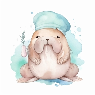 watercolor adorable kawaii baby walrus character kawaii, isolated, kawaii,digital art,detailed, concept,art,8k,hd,on white background,clipart