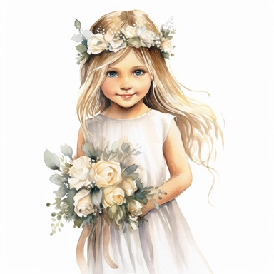 Wedding day romantic delicate clipart elements, flower girl child throwing flowers, watercolors, thick lines, detailed, defined edges atyle raw, soft colors