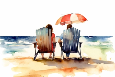 rear view young couple Beach chair on the beach Watercolor clipart, details