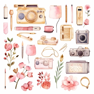 handpaint, gadget clipart,devices icon set, isolated white background, single design, sharp, bold , sweet pink, cream pastel, gold, hand-painted watercolor