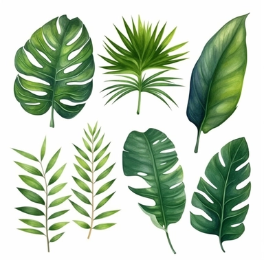 palm leaves set, watercolor botanical painting, jungle illustrations, monstera and banana leaf, clipart, pure whith background