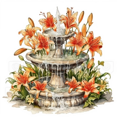 Large fountain and Small realistic Tiger Lily flowers around it, watercolor clipart, isolated white background, high resolution, very detailed, 32k