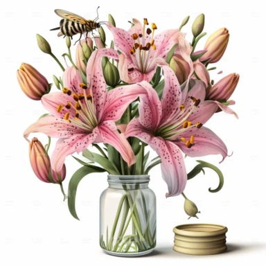Watercolor realistic detailed pink tiger lily bouquet in a vase with bee clipart, white background, no text