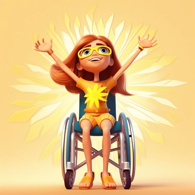 cinematic establishing pixar style cartoon shot full body view clipart - 7 year old american girl in a wheelchair with beautiful hair in summer, beautiful big eyes shining, smiling, superhero clothes , arms up celebrating, very bright, light edging, crisp detail